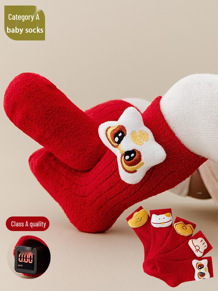 Velvet Lined Warm Red Horse Year Socks for Baby's First Birthday