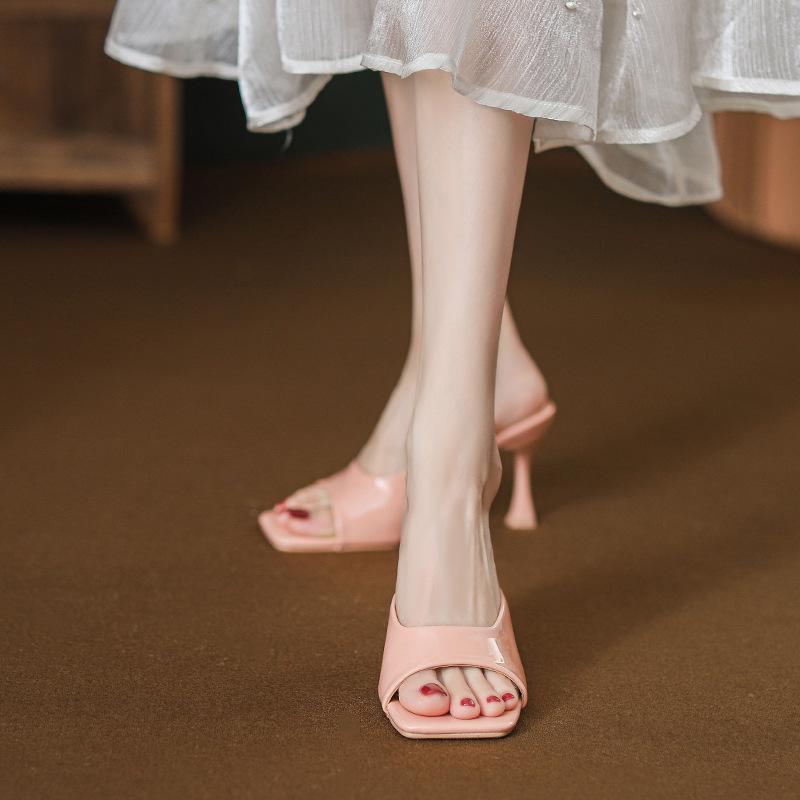 2025 Spring and Summer European and American Style Patent Leather Light Mouth Open-toed Stiletto High Heel One-word Sandals Women Huizhou Sandals High