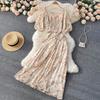 Holiday Style Suit Western Style Puff Sleeve Short Top High Waist Pleated Skirt Chiffon Floral Two-Piece Set
