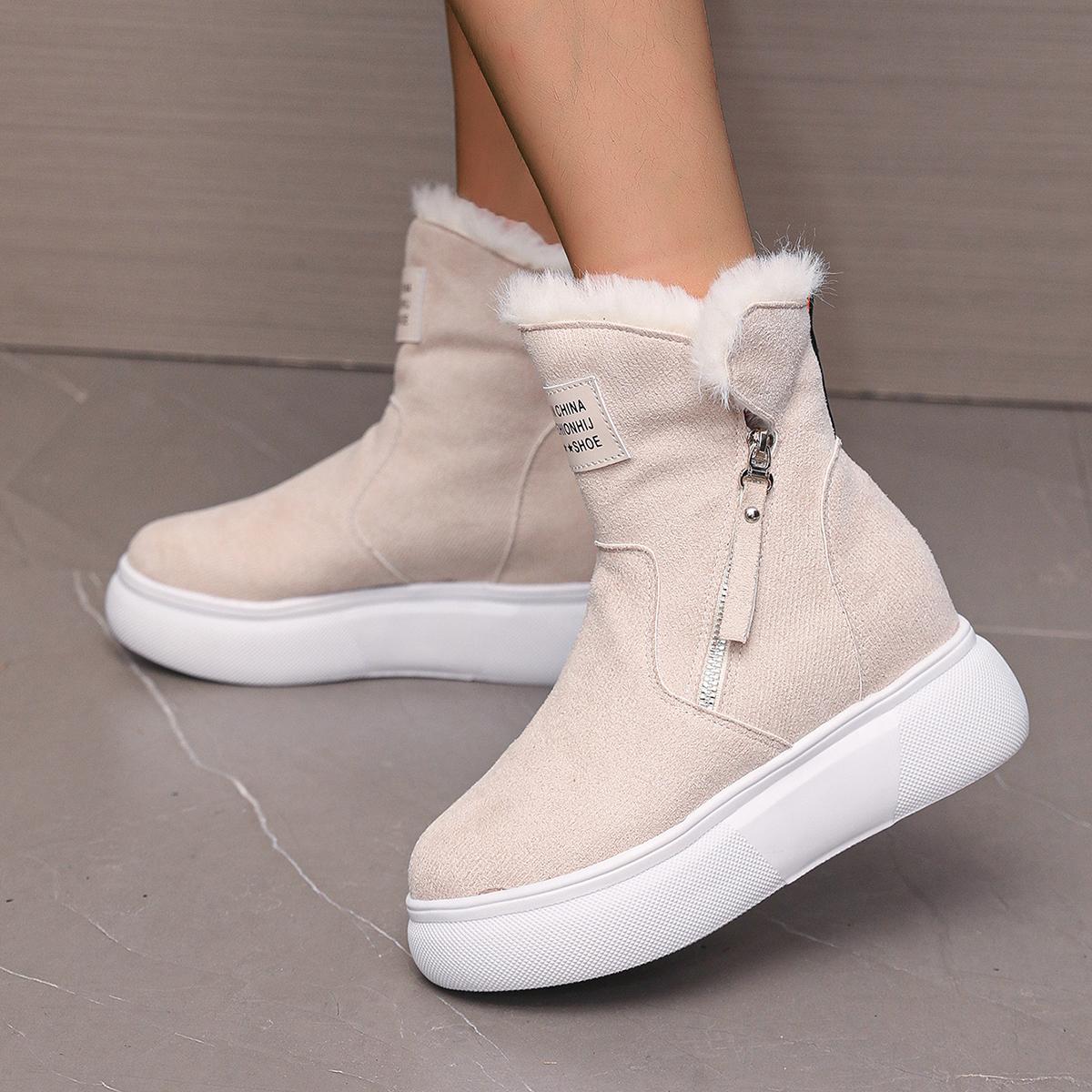 

Chunky Platform Wedge Heel Furry Ankle Boots Women 2025 Winter Side Zip Thick Bottom Fluffy Fur Snow Boots Warm Plush Suede Shoe 35 белый