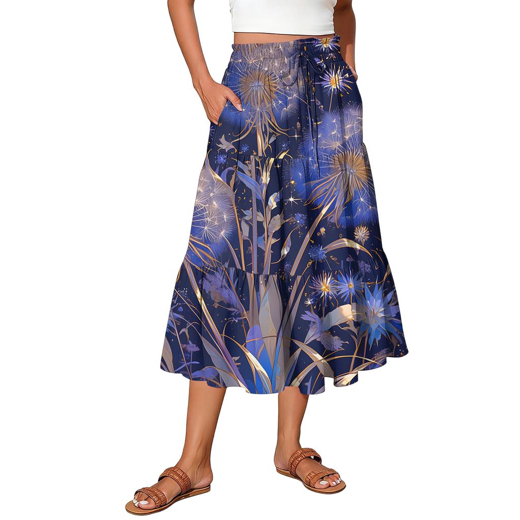 Dam Maxikjol Dragsko Hög Midja Sommar Långa Kjolar Lätta Flerskiktade Böljande Blommiga Plisserade Kjolar