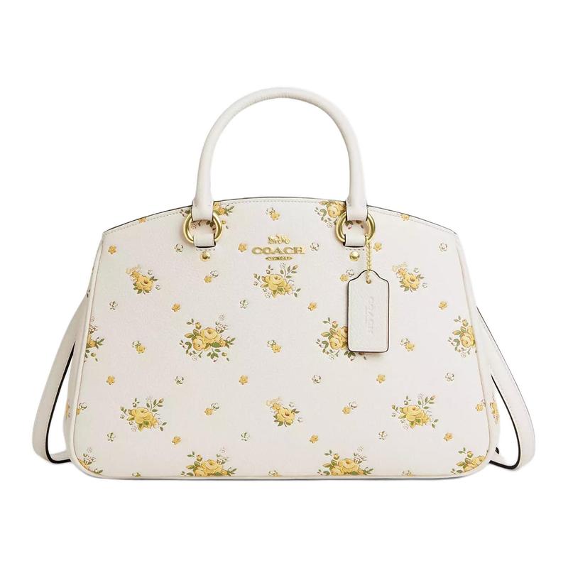 

COACH Savannah 36 Floral Print Logo Pebbled Leather Shoulder Crossbody Tote Large Women s White with Yellow білий