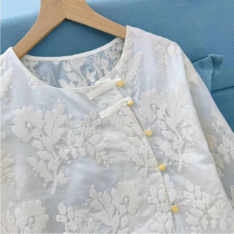 Women's Summer Asymmetrical Jacquard Cardigan with Frog Button and Crochet Design