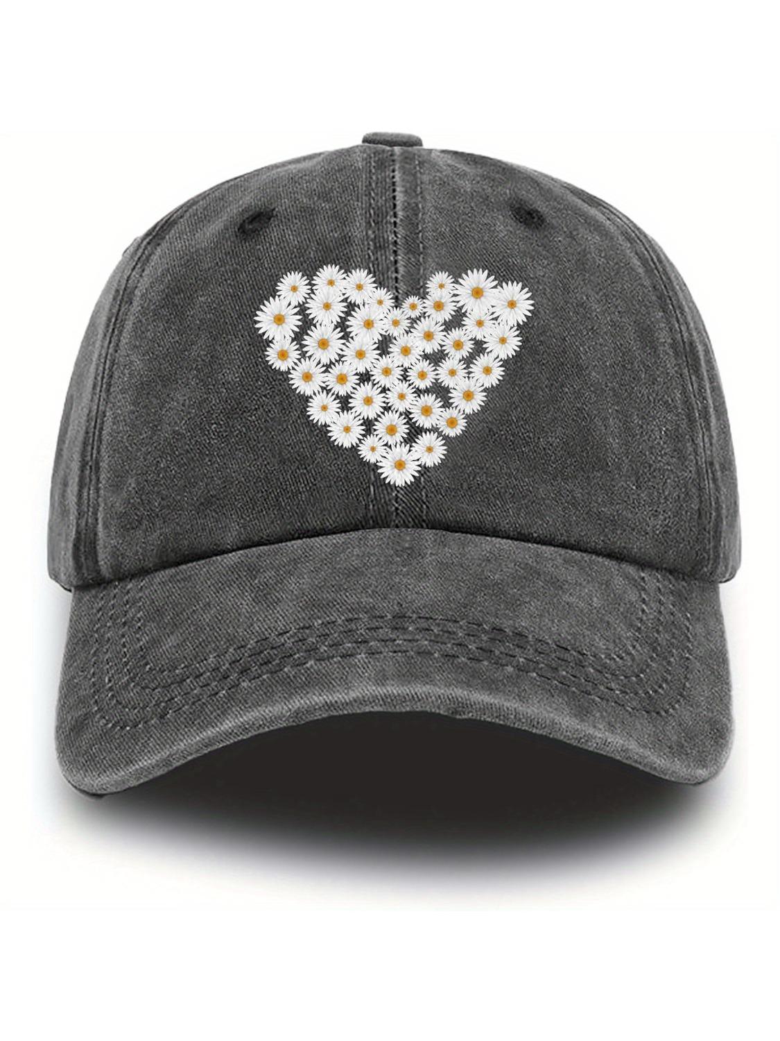 

Ladies retro floral baseball cap - black distressed style, white sunflower heart-shaped design, casual and comfortable чёрный