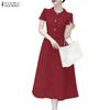 ZANZEA Women Casual Turn Down Collar Short Sleeve Patchwork Lace Dress