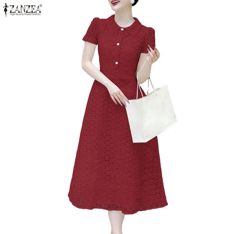 ZANZEA Women Casual Turn Down Collar Short Sleeve Patchwork Lace Dress