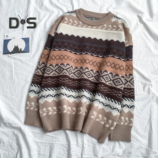 Women Autumn Winter Loose Fit Sweater O Neck Long Sleeve Pullover Tops Striped Print Knitting Jumpers Casual Knitwear