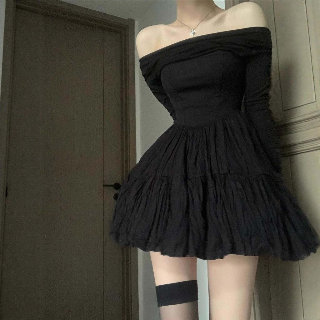 One-word Shoulder Niche Thin Short Skirt Temperament Black Design Wrinkled A-word Skirt Long-sleeved Dress Spring and Autumn Women