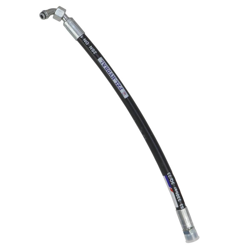 Hydraulic hose 330 bar internal thread M18x1.5 elbow / external thread M22x1.5 -470mm DN10-2SN PZL HYDRAL
