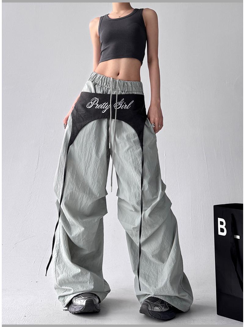 

Женские брюки-палаццо с американским дизайном, цветные блоки, на шнуровке: Весна/Лето 2025 Хип-хоп парашютные танцевальные брюки S серый