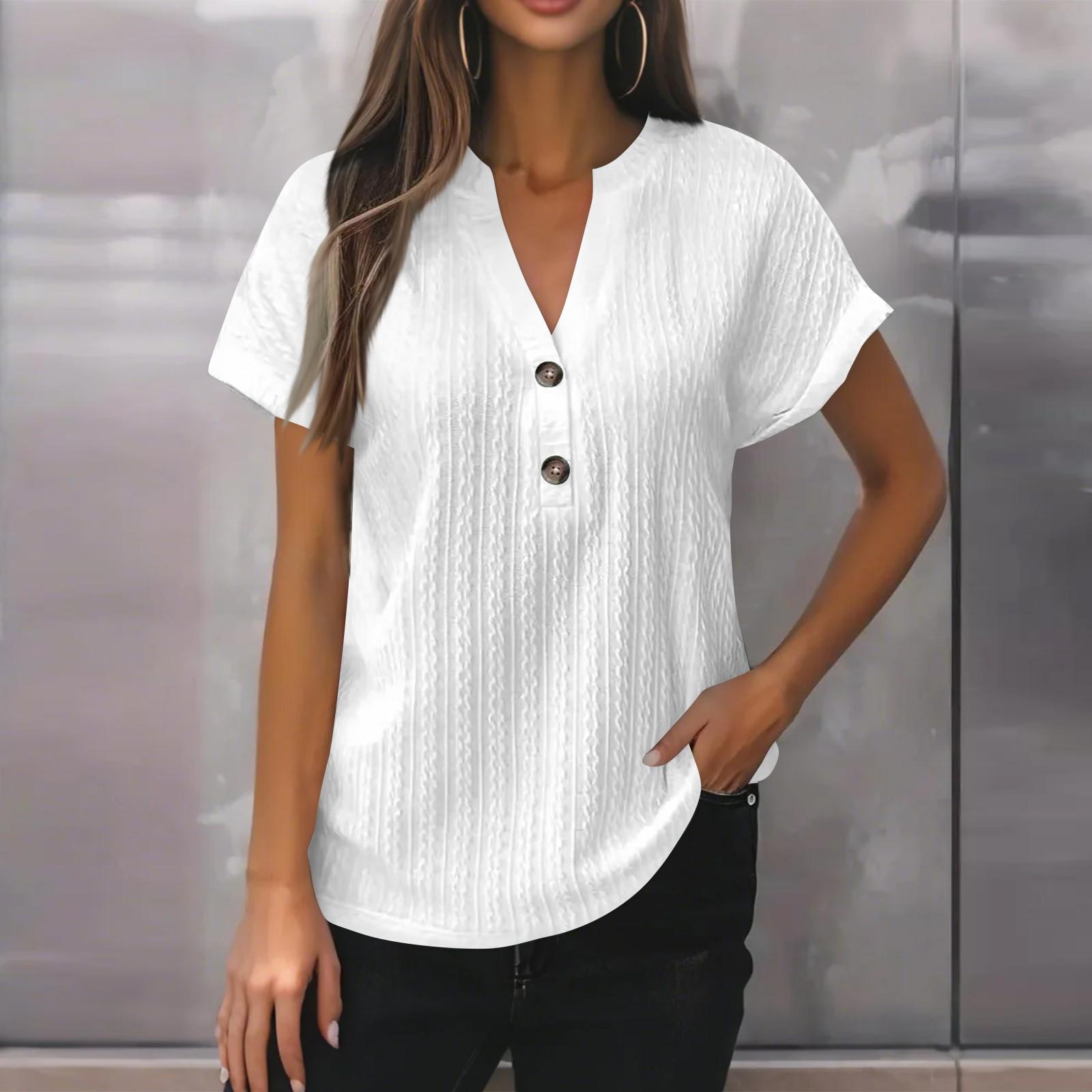 

Новая женская модная повседневная однотонная футболка с V-образным вырезом на пуговицах для женщин XL белый