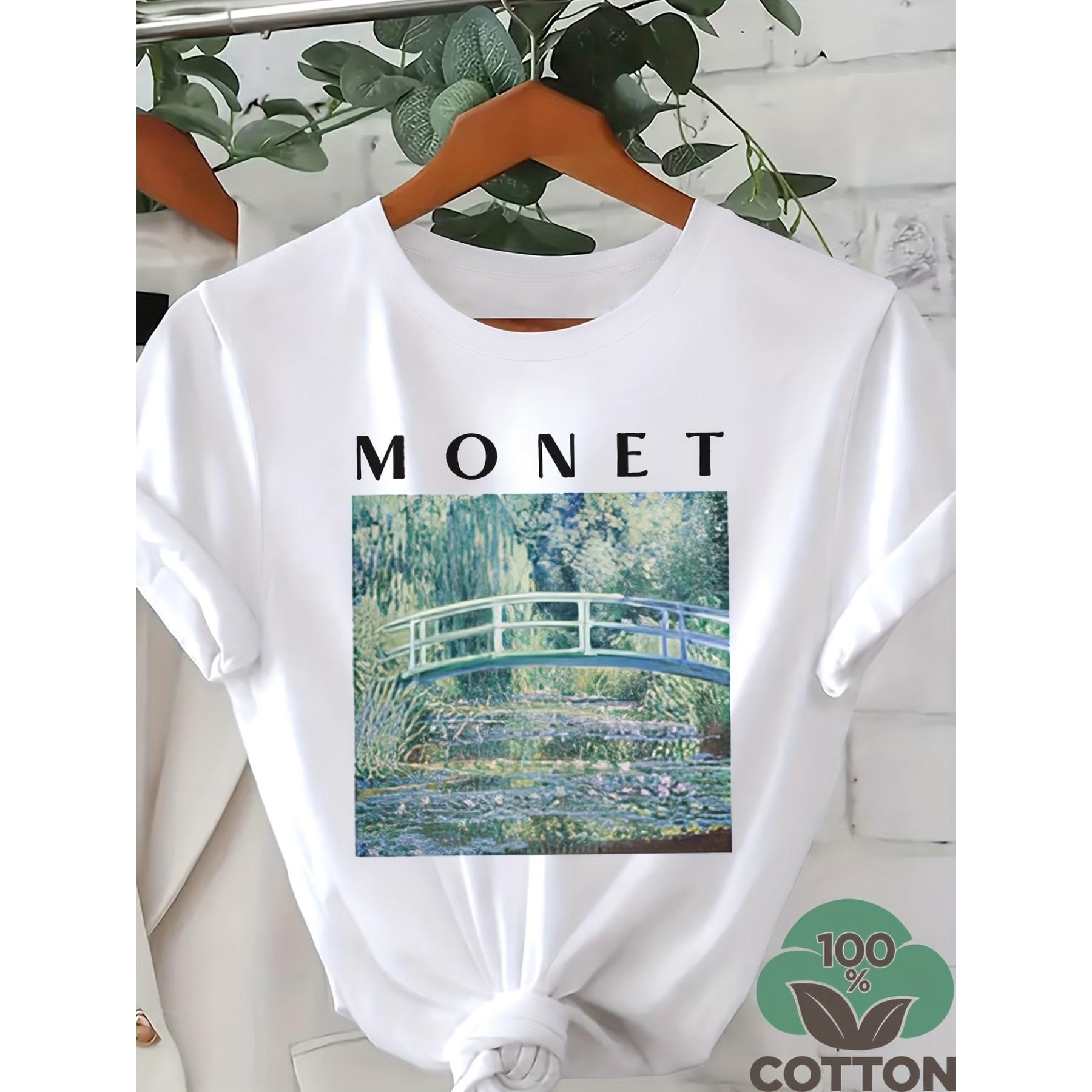 Женская белая футболка Monet  Кувшинки  с художественным и смелым принтом букв - Мягкий повседневный топ с круглым вырезом и коротким рукавом для весны/лета S
