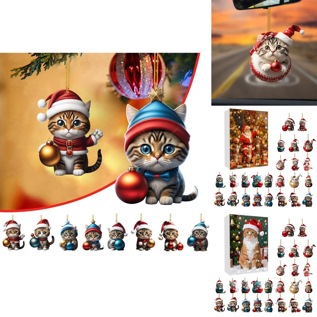 Christmas Countdown Calendar With Cute Cat Acrylic Hanging Ornaments For Holiday Decor