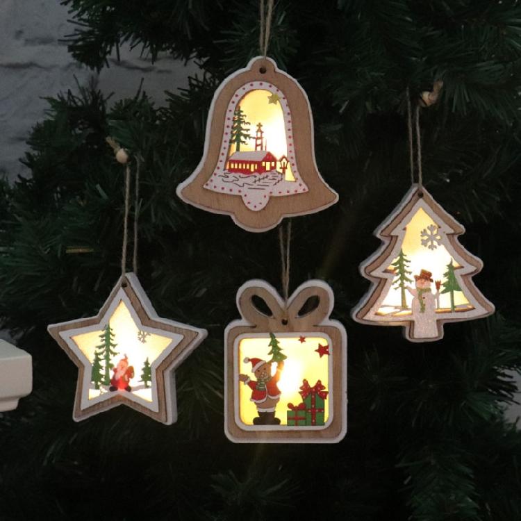 Christmas Light Luminous Ornament Wooden Christmas Tree Hanging Pendant Decor