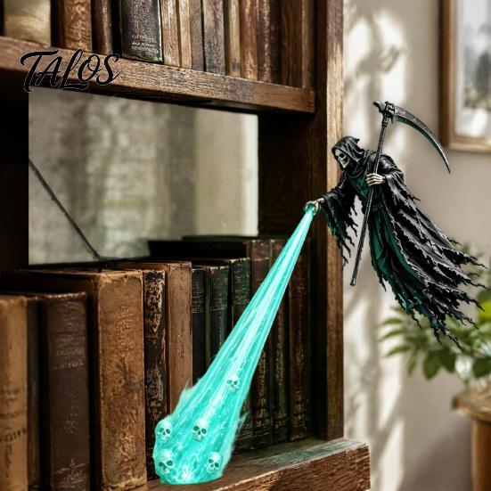 Mysterious Home Ornament Grim Reaper Bookshelf Nook Light, Flying Lamp, Spooky Gothic Halloween Party Supplies LED Light for Home, Desktop,