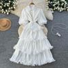 French retro court style heavy industry nails, drilled lantern sleeves, straps, waist and thin temperament ruffle edge pleated dress