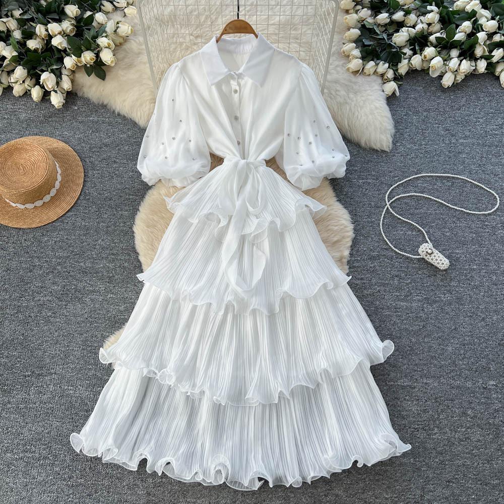 French retro court style heavy industry nails, drilled lantern sleeves, straps, waist and thin temperament ruffle edge pleated dress