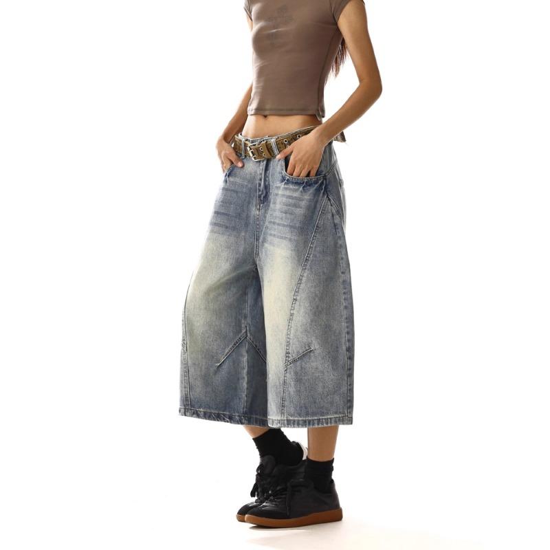 Women Baggy Wide Leg Denim Culottes Vintage Washed Loose Cropped Jeans