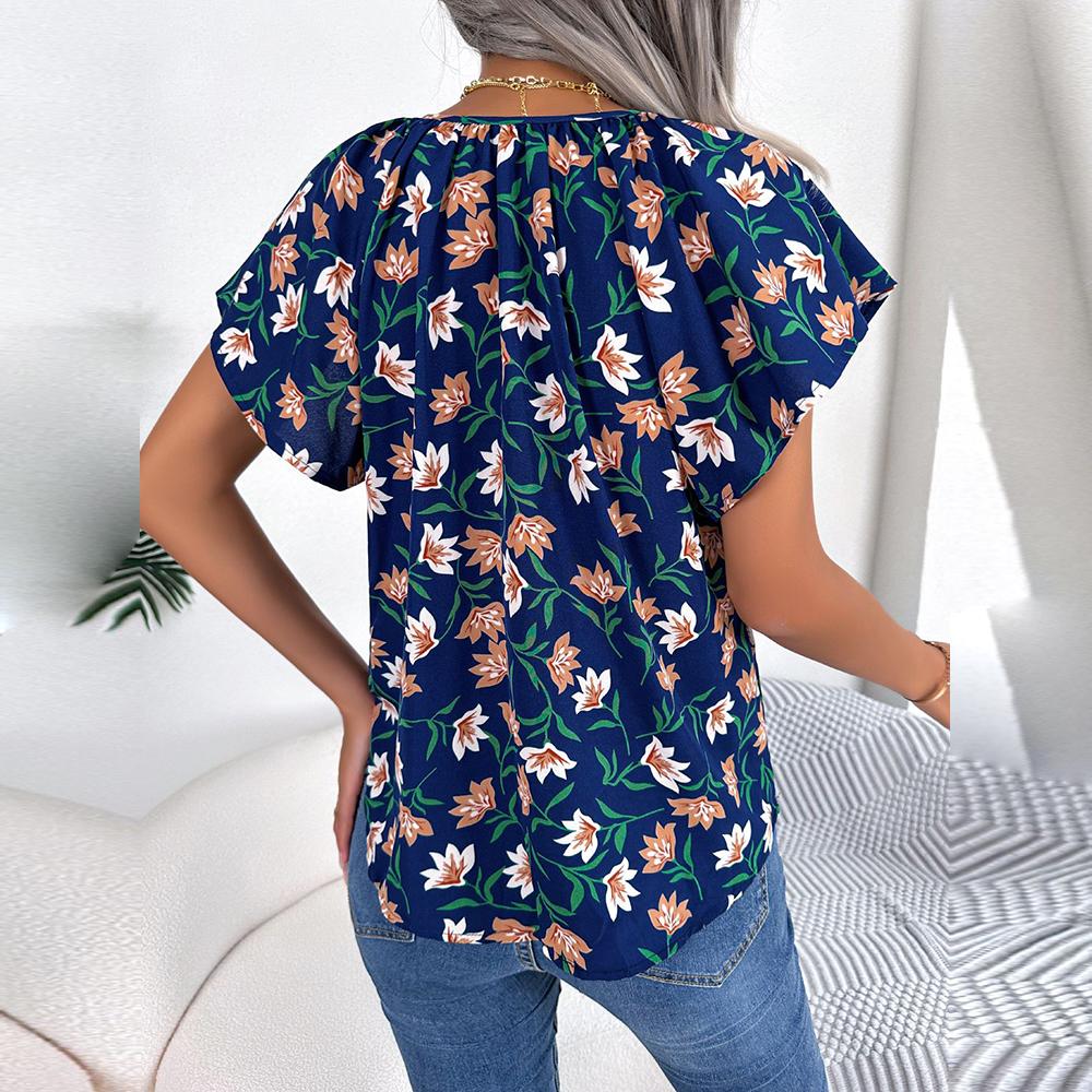 Frauen Frühling Sommer Lose Rüschen Spitze Up Chiffon Top Für Damen O Neck Fliegende Ärmel Floral Blusen