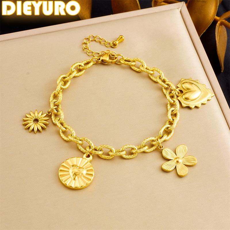 DIEYURO 316L Stainless Steell Golden Heart Flower Love Bracelet For Women Trend Classic Wrist Chain Waterproof Jewelry Gift