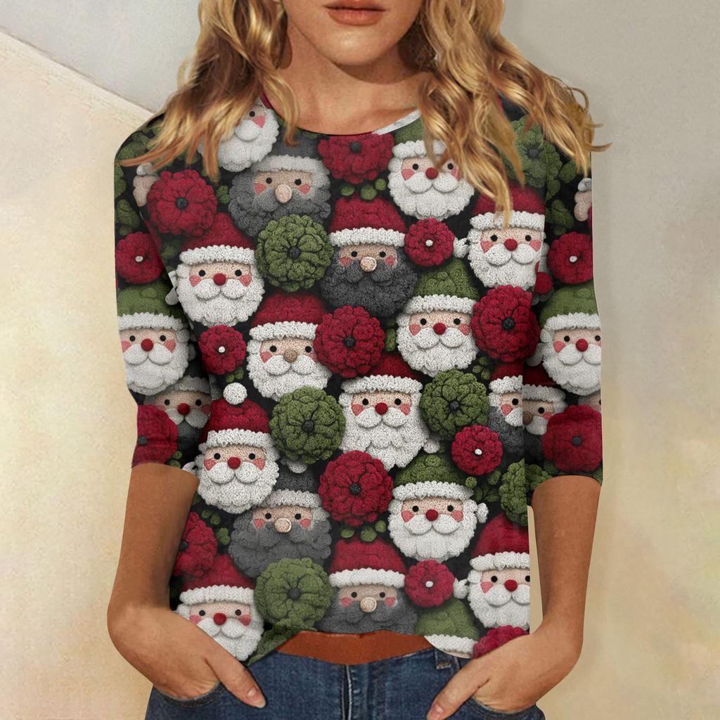 Women's Tops Three-quarter Sleeve Shirt V-neck Loose Casual Shirt Print T-shirt