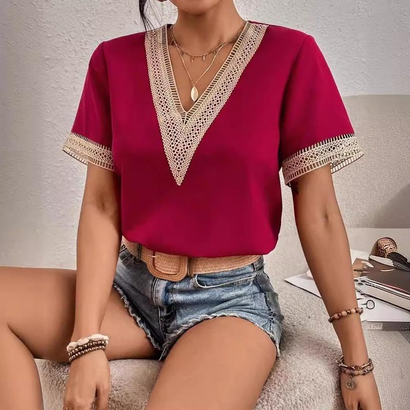 Women's V Neck Blouse Short Sleeve Lace Trim Loose Fit Casual Summer Top