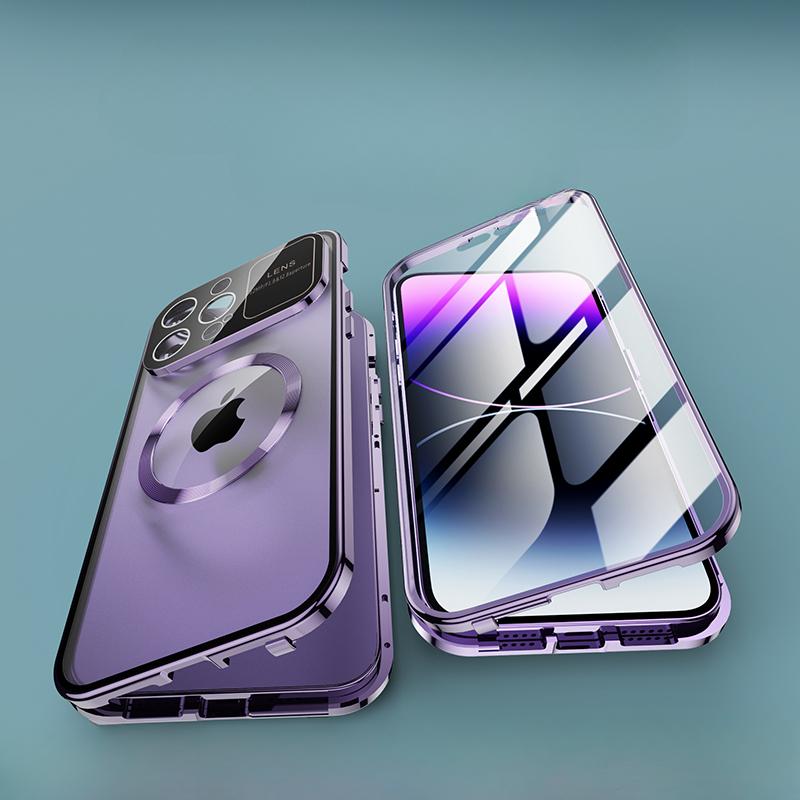 For IPhone 16 15 14 13 12 Pro Max Large Window Lens Protection Aluminum Metal Magnetic Case Shockproof Cover Screen Protector