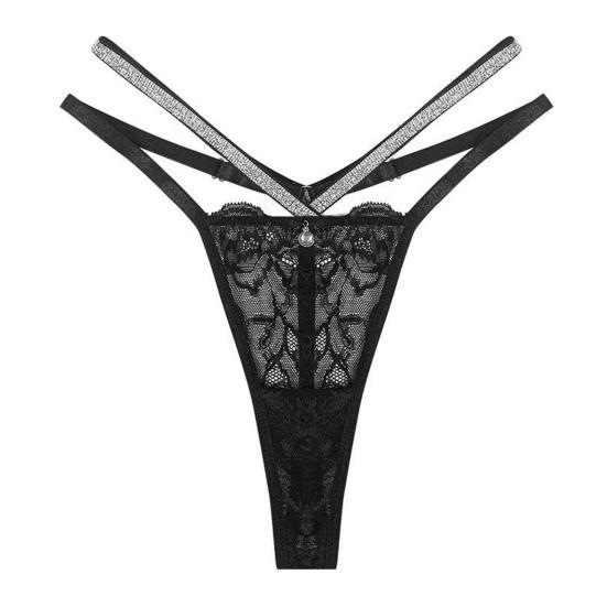 Women's Glitter Thong Sexy Floral Lace Sheer Strappy Underwear Rhinestone Strap G-String Stretch Panties