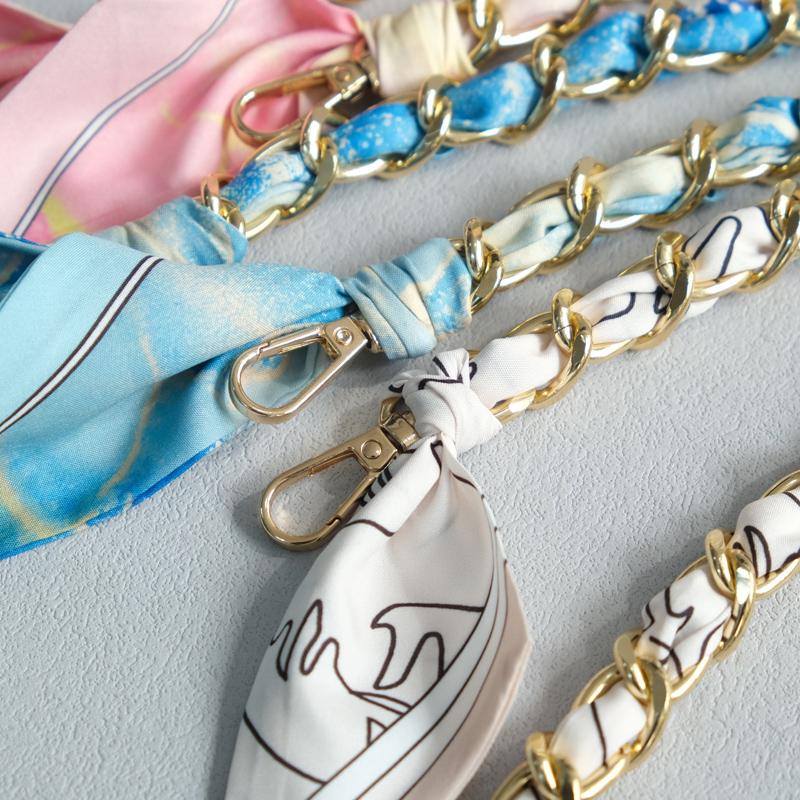 New Fashion Brand Woman Handbag Accessory Chains Detachable Floral Print Gold Silver Metal Silk Shoulder Strap Women DIY Chain Bag Handles