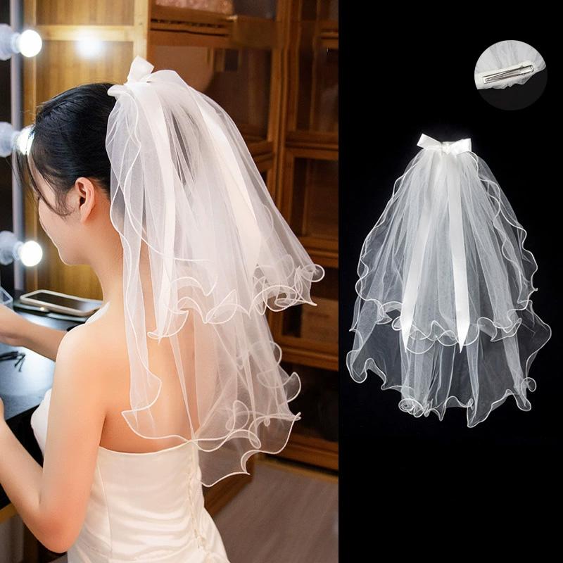 

1 шт. Свадебная фата с кружевной кромкой, короткая, элегантный бант, жемчуг, свадебные аксессуары, двухслойная, белая, из тюля для женщин B