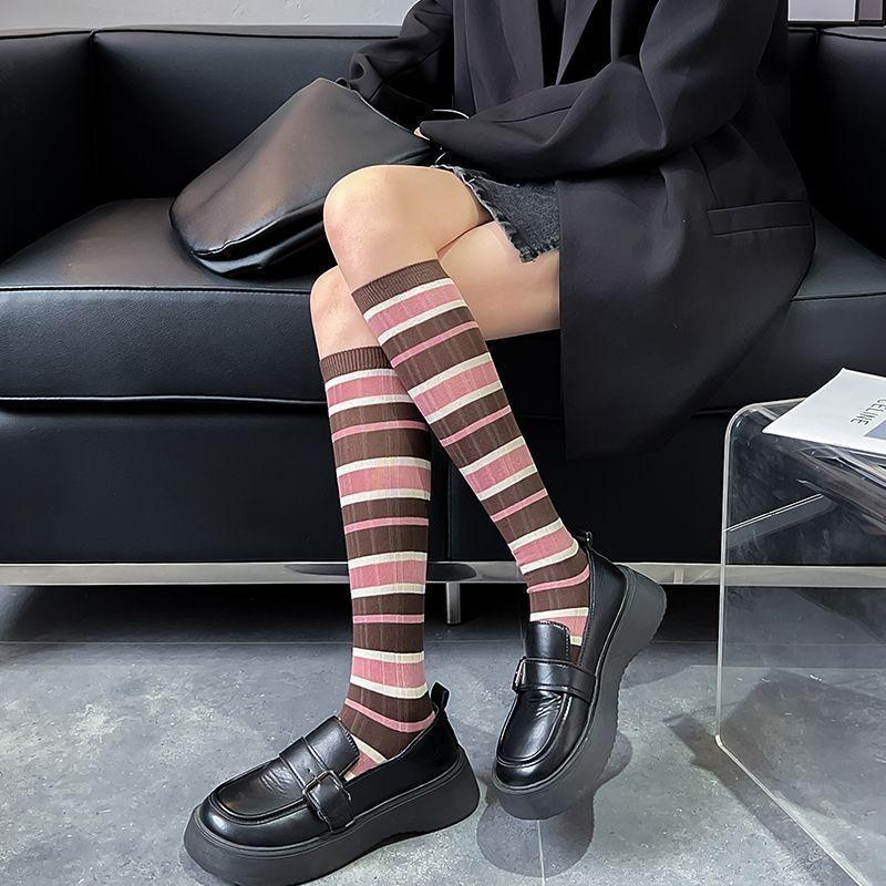 3 Pairs Women Pink Striped Knee High Socks Fashionable College Style Soft Comfortable Sweat Absorbing Breathable Casual Socks