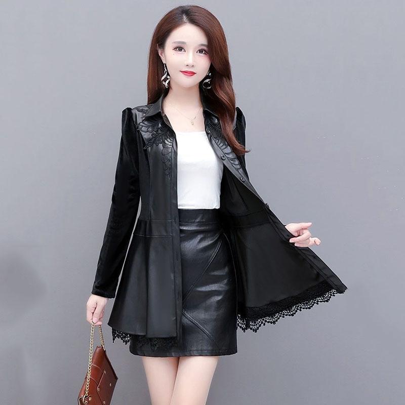 Mode Neue Spitze Mid-Länge Spleißen Leder Hemd frauen Mantel Einreiher Frühling Herbst Damen Leder Jacke S-6XL