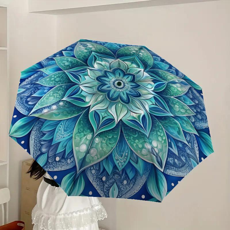 1pc Blue Lotus Mandala Design Umbrella with Plastic Handle,Suitable for All Seasons Home Travel Outdoor UmbrellaDD1060