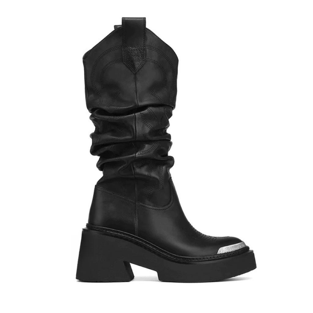 

Cowhide Lisa same pointed boots pleated stacking boots women s metal medium tube Martin boots thick sole heightening knight boots 40