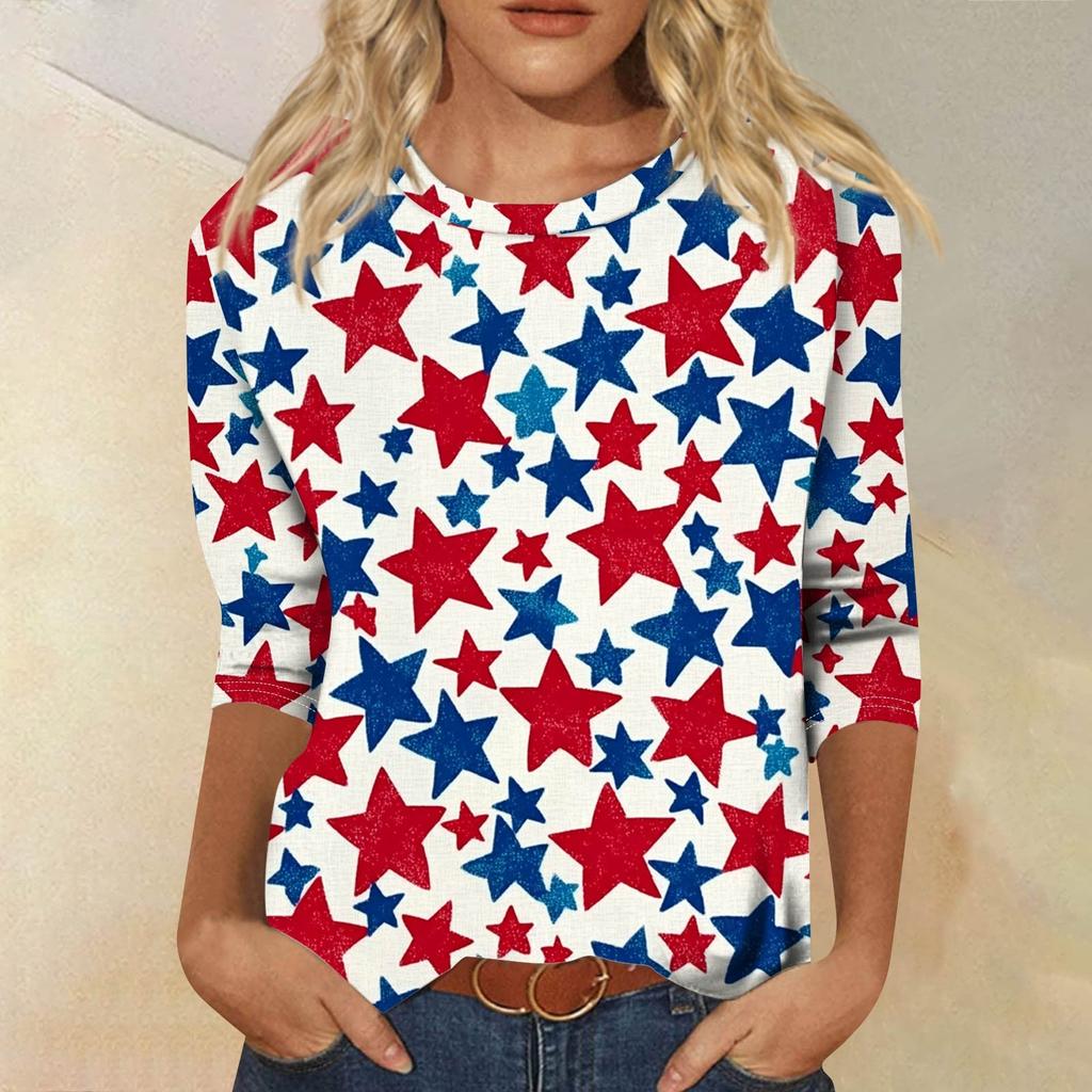 Women's Fashion Casual Seven Sleeve Independence Day Printed Round Neck T-Shirt Top