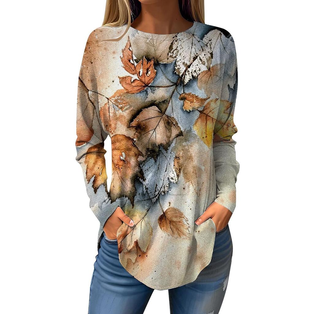 Camiseta de mujer con estampado de hojas en 3D, manga larga, cuello redondo, estilo clásico, ideal para vacaciones, fines de semana, primavera y otoño.