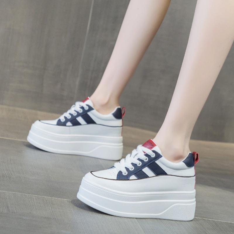 Women Casual Leather Borad Shoes 2025 Spring Autumn Lace-up Platform Increased Vulcanized Shoes Outdoor Female Non Slip Sneakers