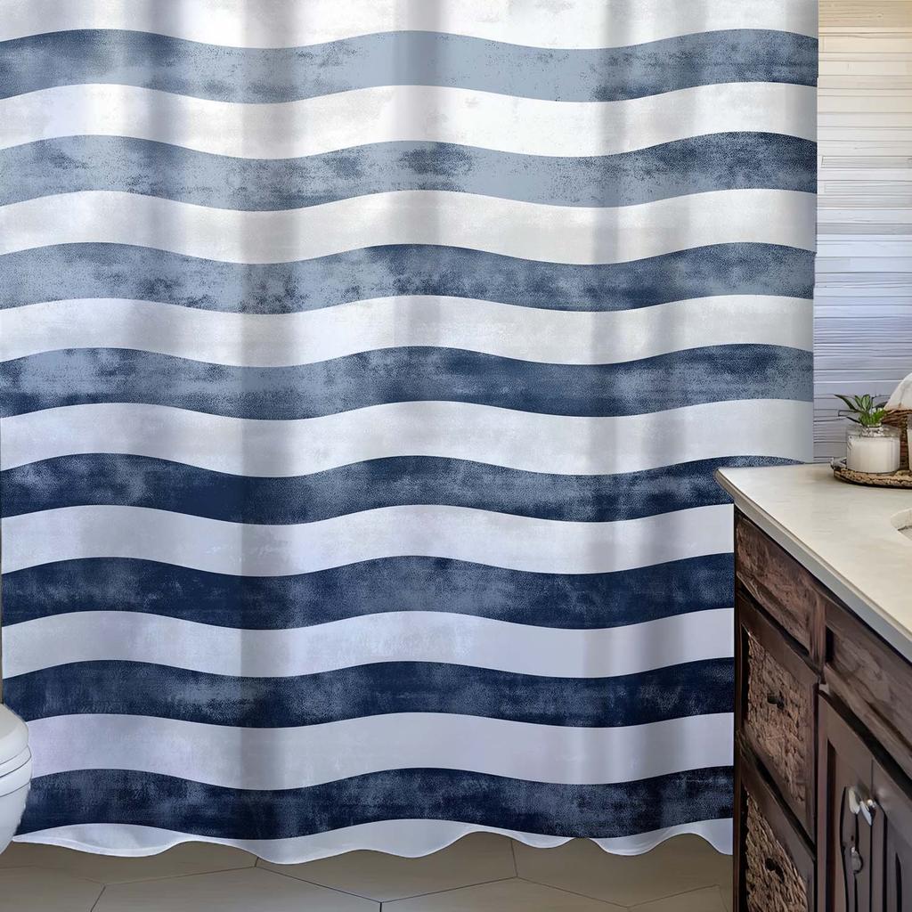 1pc Vintage Blue & White Striped Art Print Shower Curtain, Creative Personality Texture,Includes 12 Hooks,Elegant Bathroom Decor