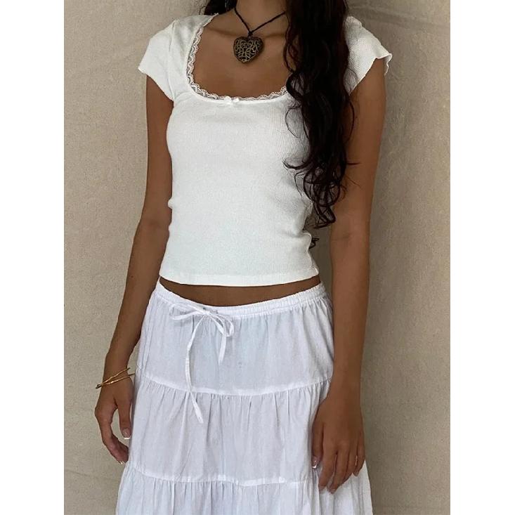 Y2k Vintage Baby Tee Cottage Lace Trim Knitted T-Shirt Letnia koszulka z kwadratowym dekoltem i krótkim rękawem, damska, biała, skrócona koszulka Milkmaid
