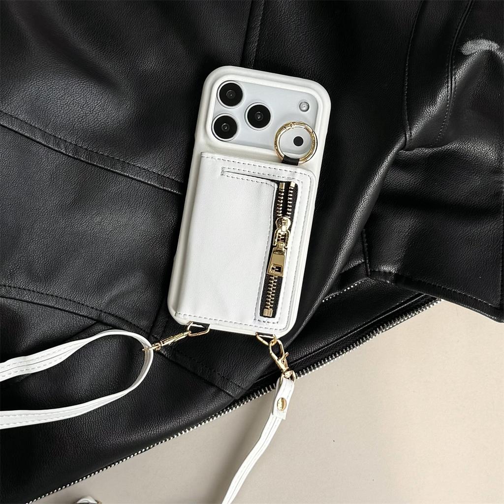 Crossbody Cards Solt Wallet Strap Leather Zipper Phone Case for IPhone Air 17 16 Pro Max 15 Plus 14 13 12 11 Ring Holder Cover