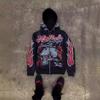 Y2K Retro Harajuku Streetwear Hoodie - Dark Hip Hop Graphic Print Zip Up Loose Fit