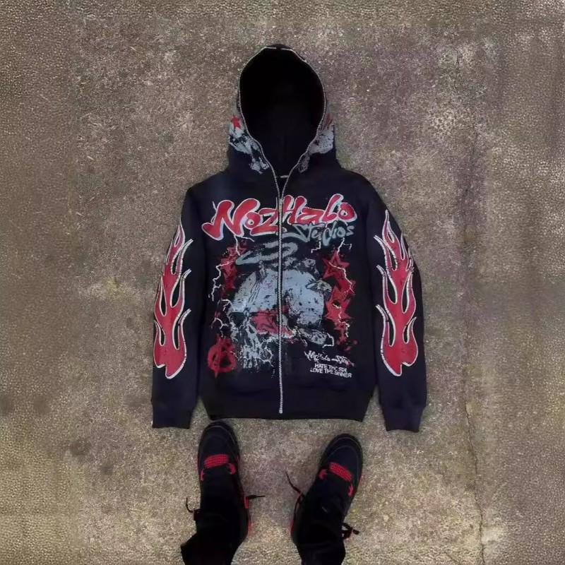 Y2K Retro Harajuku Streetwear Hoodie - Dark Hip Hop Graphic Print Zip Up Loose Fit