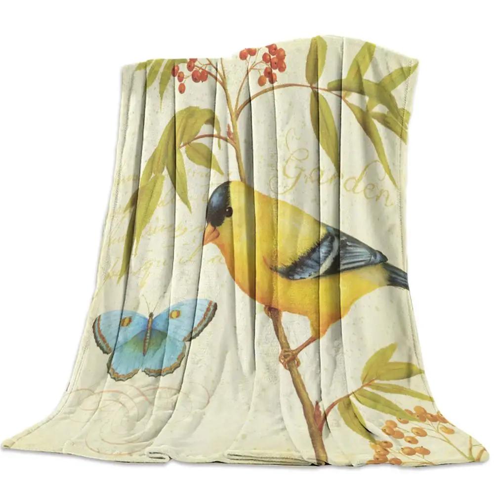 Flannel Blanket for Bed Garden Vintage Flower Bird Butterfly Throw Blanket Portable Soft Blanket Warm Sofa Bed Sheets King Size