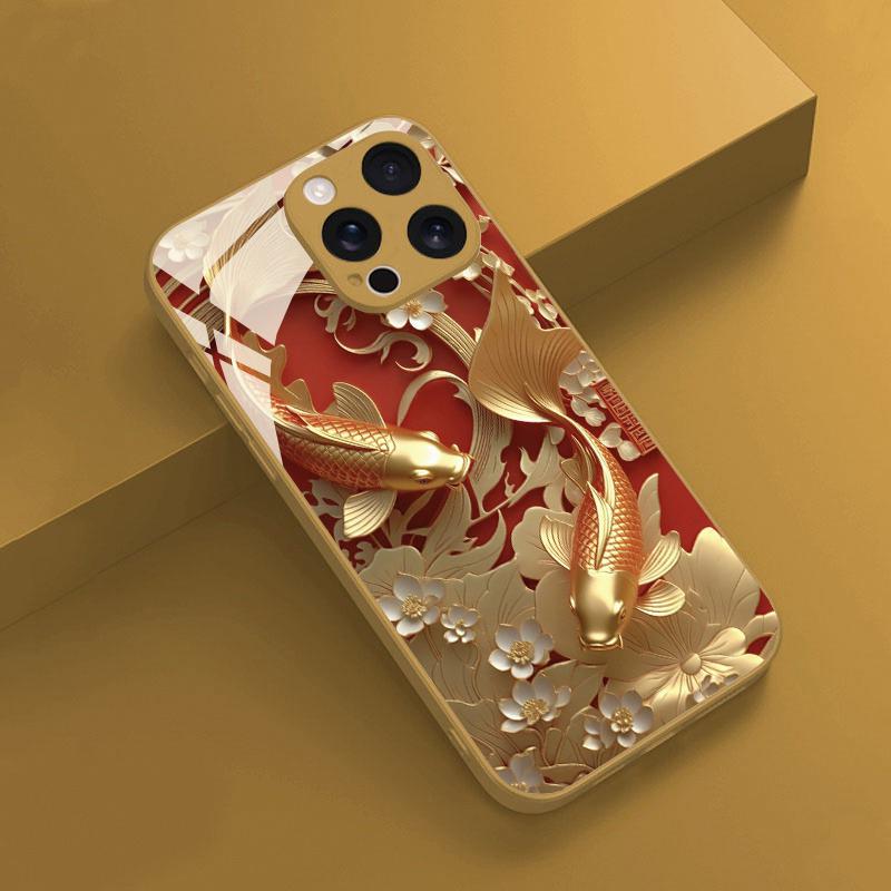 Red Gold Koi Pattern Gold Metallic Paint Glass Phone Case For iPhone 17 Pro Max 11 12 13 14 15 16 Pro 14 Plus 17 Air 16E Cover