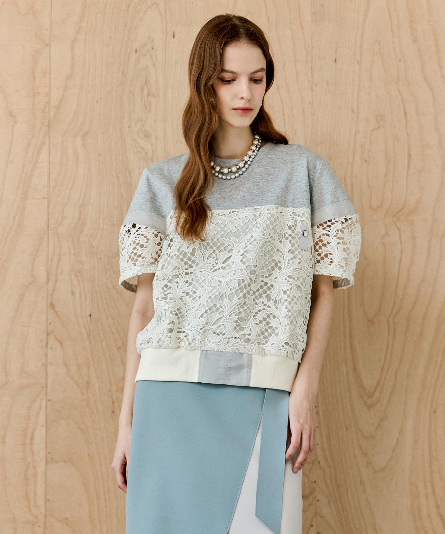 Maja Lace Block Voluminous Sleeve Tee Blouse Grey/Free