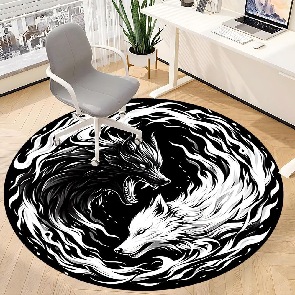 1pc Wolf Yin Yang Chair Carpet for Office, Round Non-Slip Durable Large Size Office Carpet, Suitable for Office, Beautiful Decoration