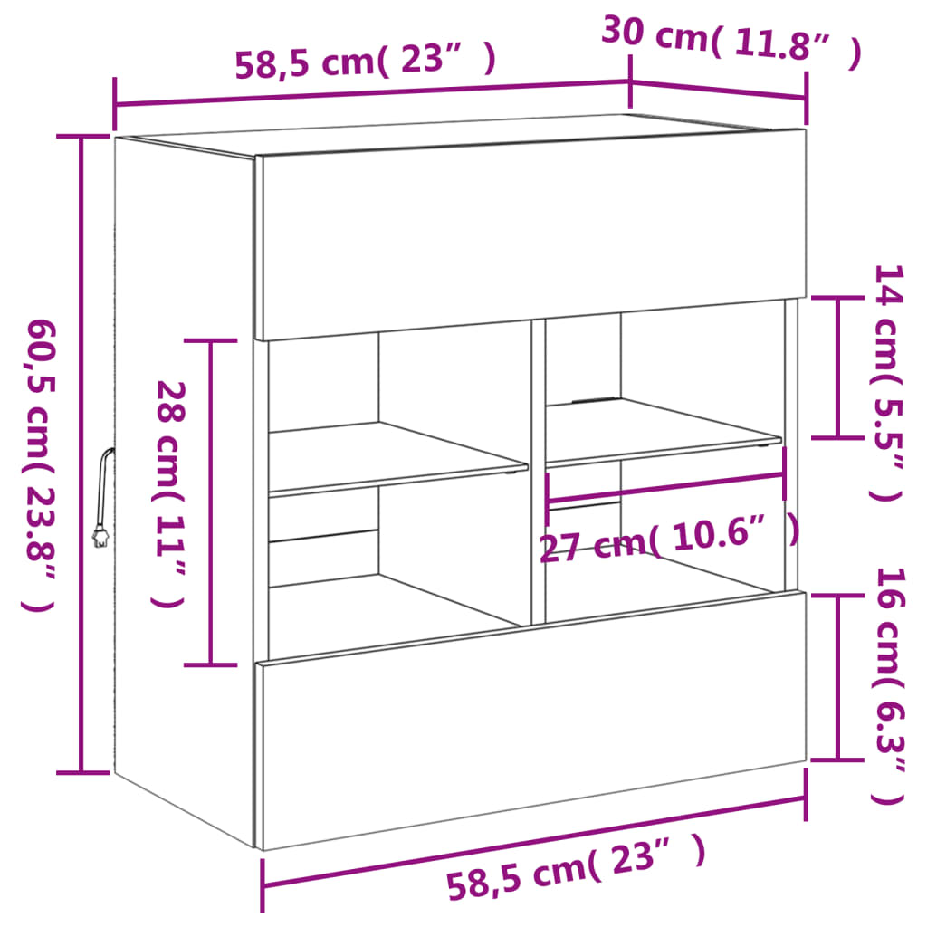 Wall Mounted TV Cabinet with LED Lights Grey Sonoma 58.5 x 30 x 60.5 cm