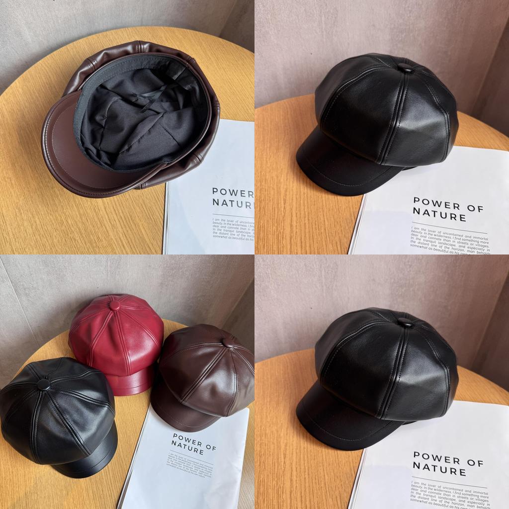 Pu Leather Octagonal Hat For Women With Sun Protection Chic Winter Fashion Accessory