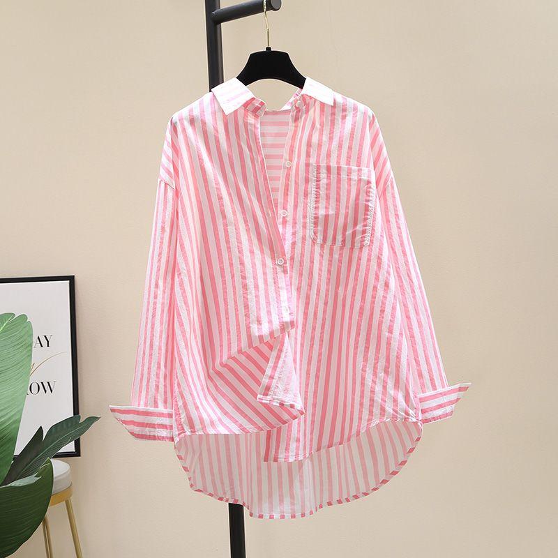 Pure Cotton Printed Striped Shirt Women s Spring Fashion Loose All-match Long-sleeved Cardigan Shirt Women s Inner Wear XS розовый