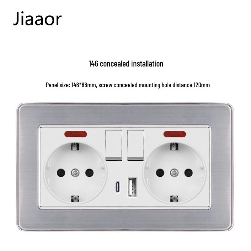 Padrão Europeu Tipo 86 Painel de Interruptor e Tomada de Parede Duplo em Aço Inoxidável com USB-C, Estilo Alemão, Montagem de Parede Embutida.
